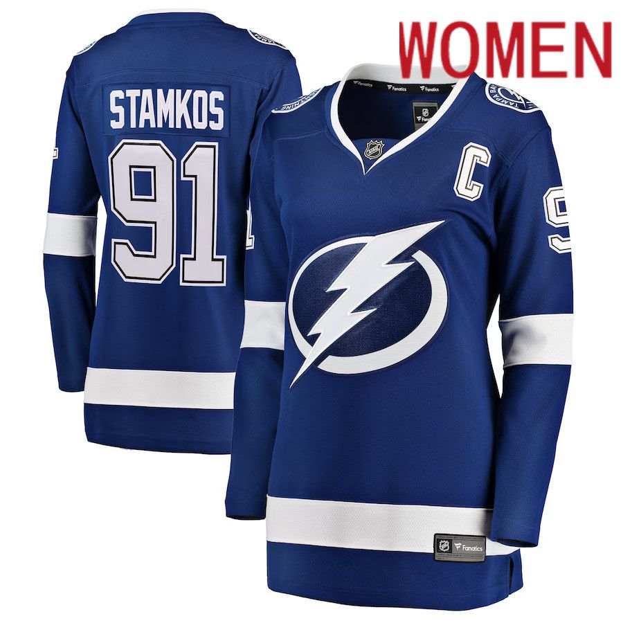 Women Tampa Bay Lightning #91 Steven Stamkos Fanatics Branded Blue Home Breakaway Player NHL Jersey